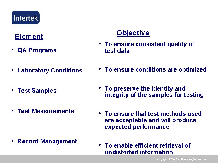 Element Objective • To ensure consistent quality of test data • QA Programs •