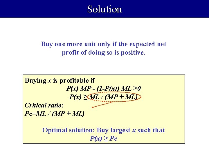 Solution Buy one more unit only if the expected net profit of doing so