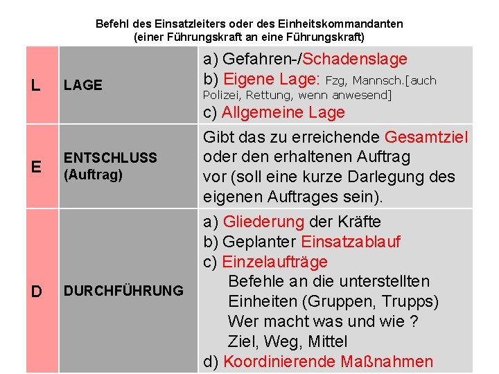 Befehl des Einsatzleiters oder des Einheitskommandanten (einer Führungskraft an eine Führungskraft) L E D