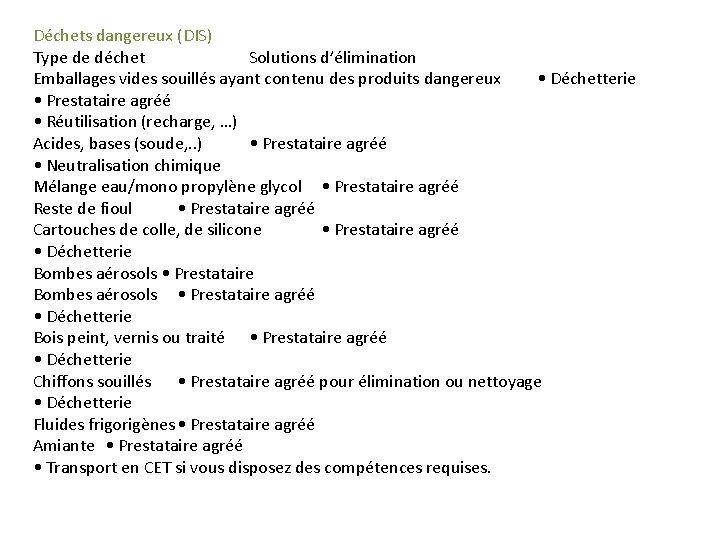 Déchets dangereux (DIS) Type de déchet Solutions d’élimination Emballages vides souillés ayant contenu des
