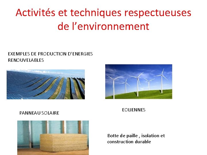 Activités et techniques respectueuses de l’environnement EXEMPLES DE PRODUCTION D’ENERGIES RENOUVELABLES PANNEAU SOLAIRE EOLIENNES