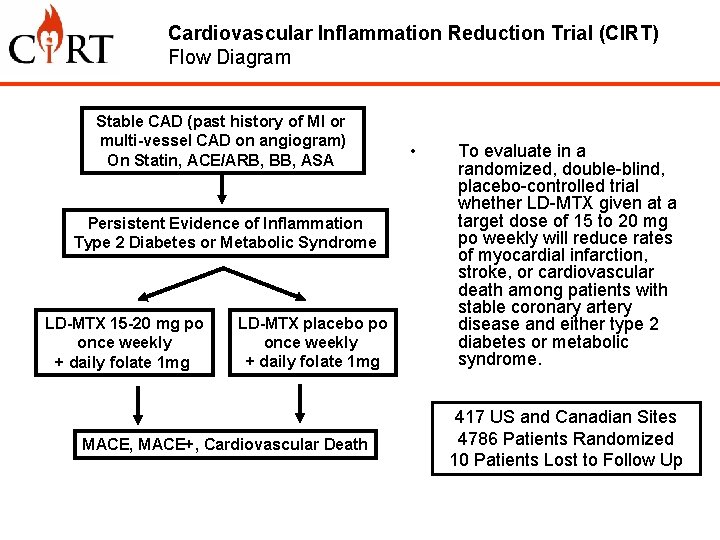 Cardiovascular Inflammation Reduction Trial (CIRT) Flow Diagram Overall Design and Primary Aim Stable CAD