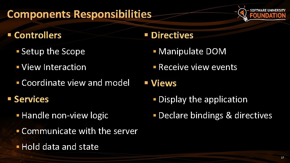 Components Responsibilities § Controllers § Directives § Setup the Scope § Manipulate DOM §