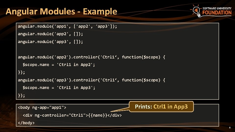 Angular Modules - Example angular. module('app 1', ['app 2', 'app 3']); angular. module('app 2',