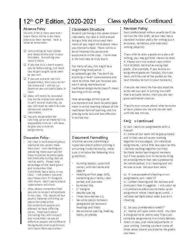 12 th CP Edition, 2020 -2021 Absence Policy We are in for a crazy