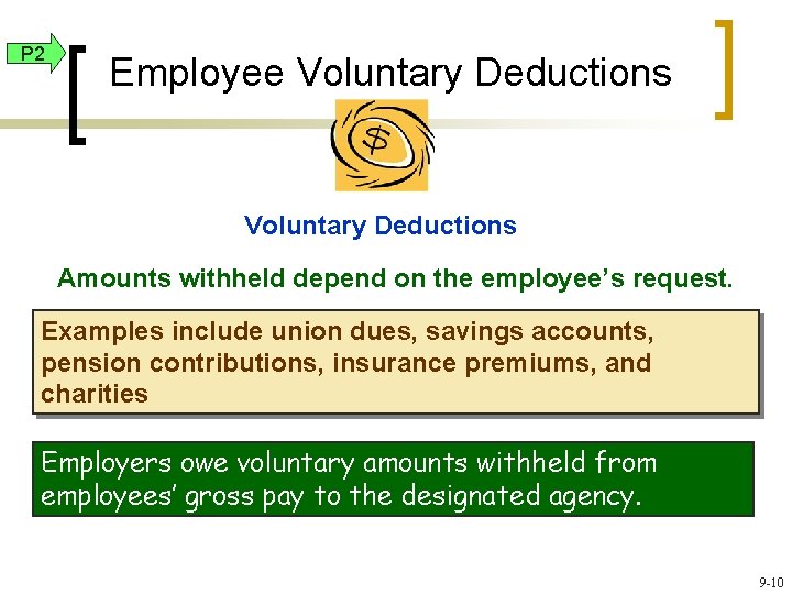 P 2 Employee Voluntary Deductions Amounts withheld depend on the employee’s request. Examples include