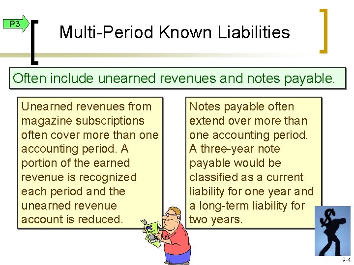 P 3 Multi-Period Known Liabilities Often include unearned revenues and notes payable. Unearned revenues