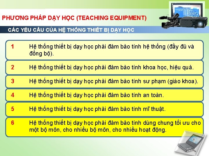 PHƯƠNG PHÁP DẠY HỌC (TEACHING EQUIPMENT) CÁC YÊU CẦU CỦA HỆ THỐNG THIẾT BỊ