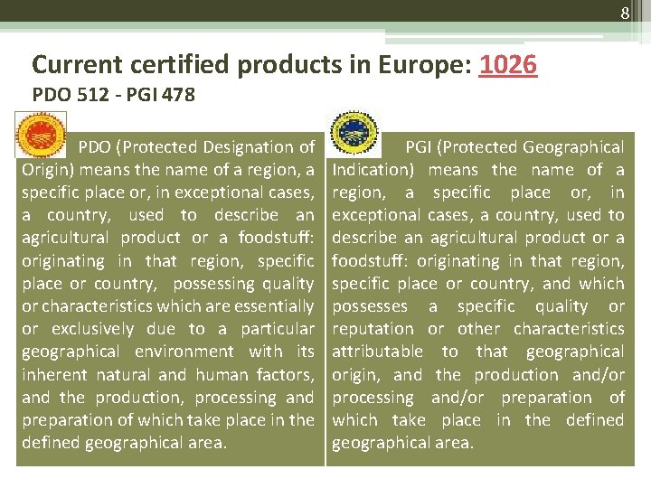 8 Current certified products in Europe: 1026 PDO 512 - PGI 478 PDO (Protected