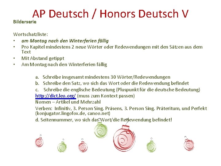 AP Deutsch / Honors Deutsch V Bilderserie Wortschatzliste: • am Montag nach den Winterferien