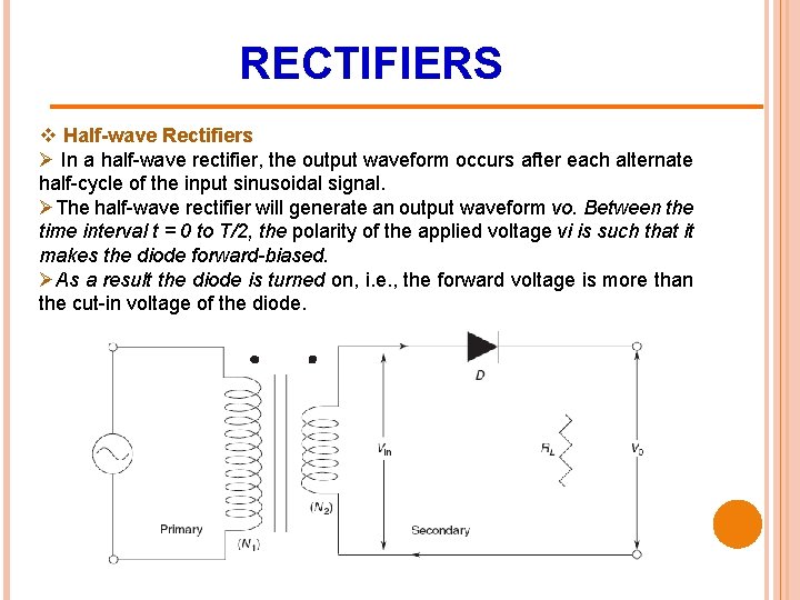 RECTIFIERS v Half-wave Rectifiers Ø In a half-wave rectifier, the output waveform occurs after