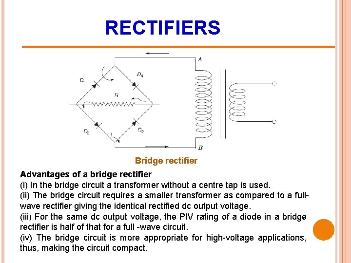 RECTIFIERS Bridge rectifier Advantages of a bridge rectifier (i) In the bridge circuit a