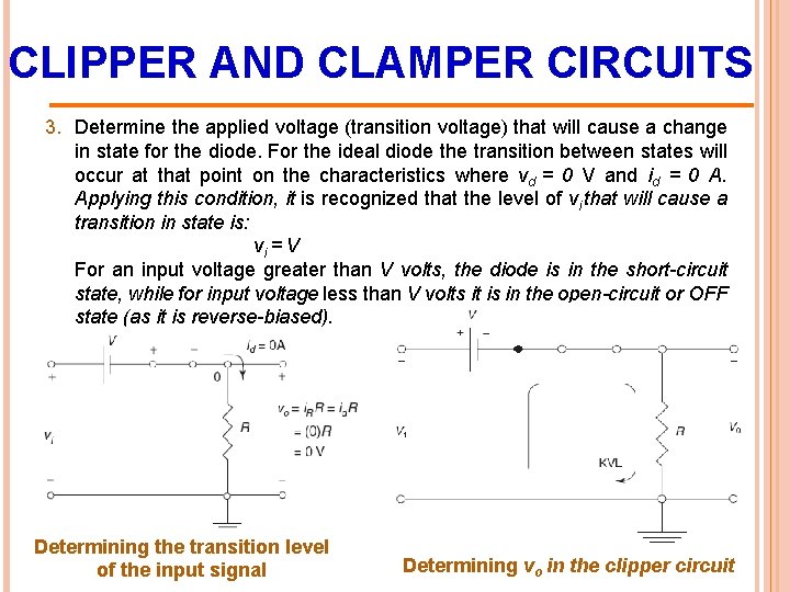 CLIPPER AND CLAMPER CIRCUITS 3. Determine the applied voltage (transition voltage) that will cause