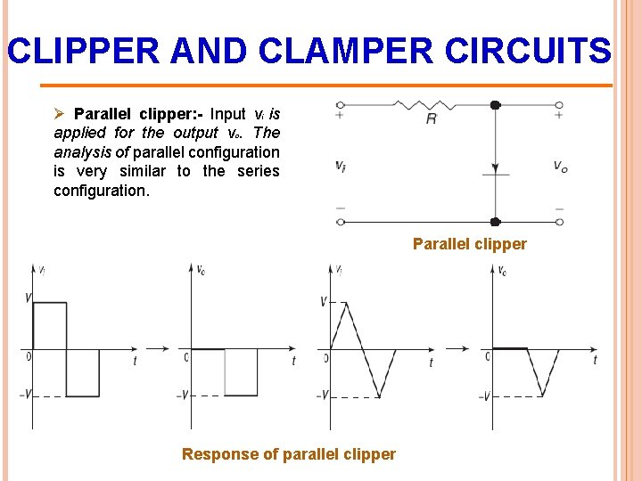 CLIPPER AND CLAMPER CIRCUITS Ø Parallel clipper: - Input vi is applied for the