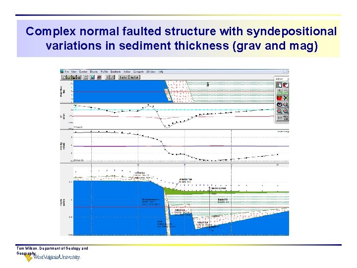 Complex normal faulted structure with syndepositional variations in sediment thickness (grav and mag) Tom