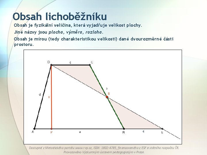 Obsah lichoběžníku Obsah je fyzikální veličina, která vyjadřuje velikost plochy. Jiné názvy jsou plocha,