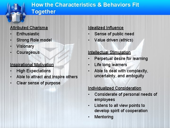 How the Characteristics & Behaviors Fit Together Attributed Charisma • Enthusiastic • Strong Role