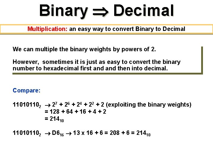 Binary Decimal Multiplication: an easy way to convert Binary to Decimal We can multiple