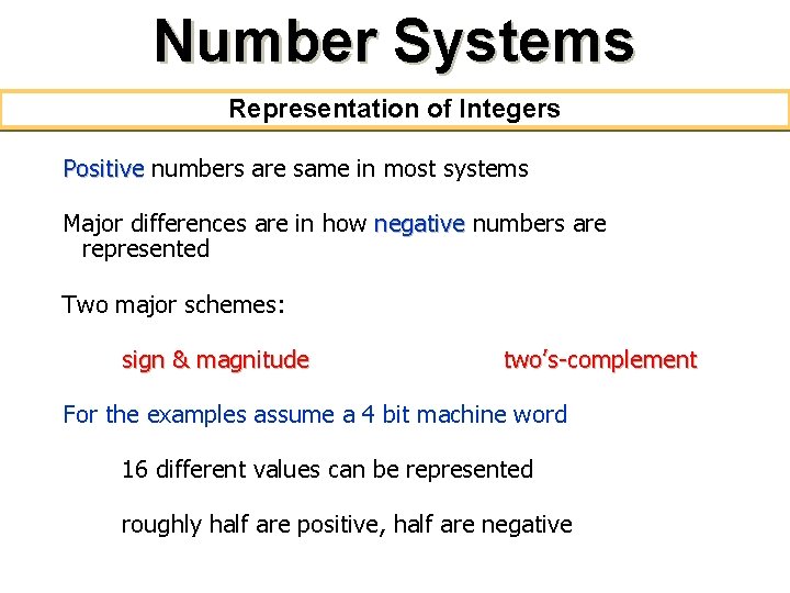 Number Systems Representation of Integers Positive numbers are same in most systems Major differences