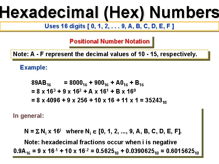 Hexadecimal (Hex) Numbers Uses 16 digits [ 0, 1, 2, . . . 9,