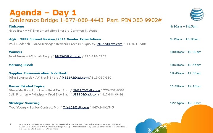 Agenda – Day 1 Conference Bridge 1 -877 -888 -4443 Part. PIN 383 9902#