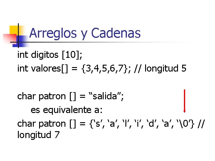 Arreglos y Cadenas int digitos [10]; int valores[] = {3, 4, 5, 6, 7};