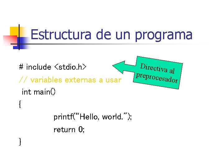 Estructura de un programa Directiv # include <stdio. h> a al preproce sador //