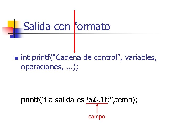 Salida con formato n int printf(“Cadena de control”, variables, operaciones, . . . );