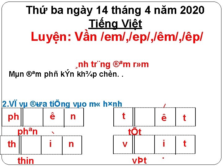 Thứ ba ngày 14 tháng 4 năm 2020 Tiếng Việt Luyện: Vần /em/, /ep/,