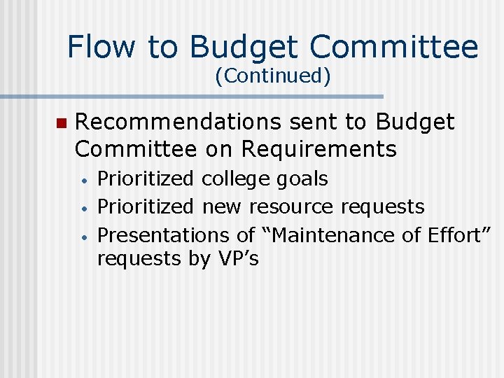 Flow to Budget Committee (Continued) n Recommendations sent to Budget Committee on Requirements •