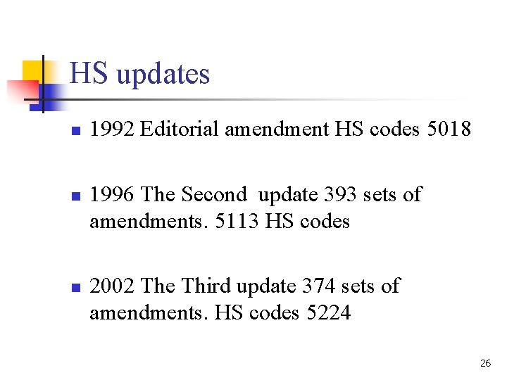 HS updates n n n 1992 Editorial amendment HS codes 5018 1996 The Second