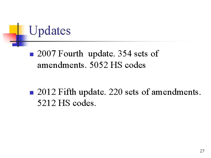 Updates n n 2007 Fourth update. 354 sets of amendments. 5052 HS codes 2012