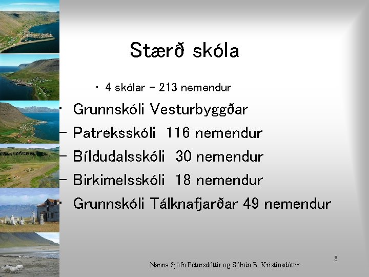 Stærð skóla • 4 skólar – 213 nemendur • • Grunnskóli Vesturbyggðar Patreksskóli 116
