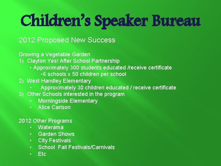 Children’s Speaker Bureau 2012 Proposed New Success Growing a Vegetable Garden 1) Clayton Yes!