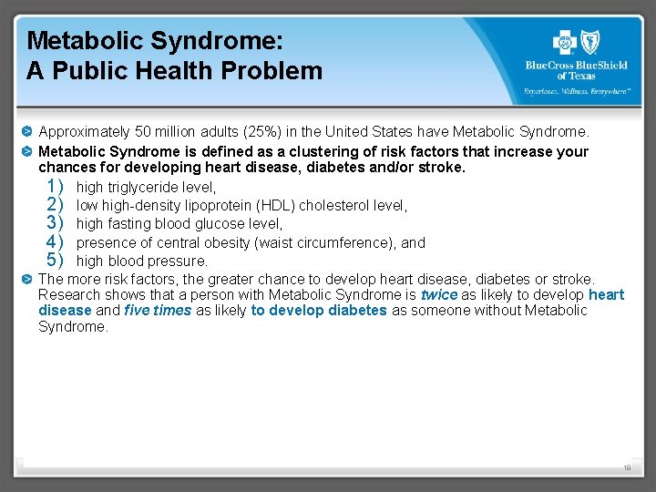 Metabolic Syndrome: A Public Health Problem Approximately 50 million adults (25%) in the United