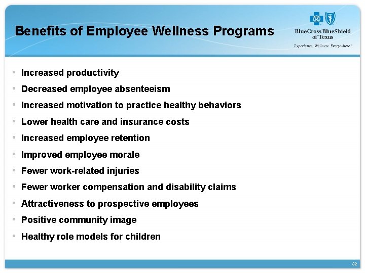 Benefits of Employee Wellness Programs • • • Increased productivity Decreased employee absenteeism Increased