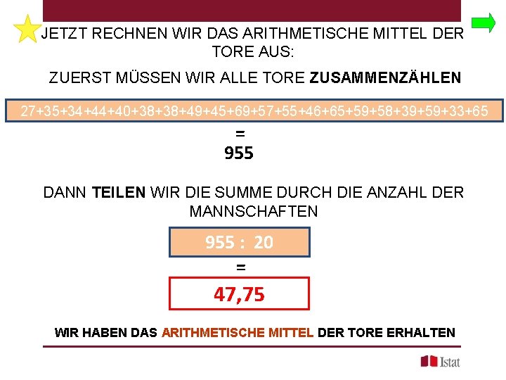 JETZT RECHNEN WIR DAS ARITHMETISCHE MITTEL DER TORE AUS: ZUERST MÜSSEN WIR ALLE TORE