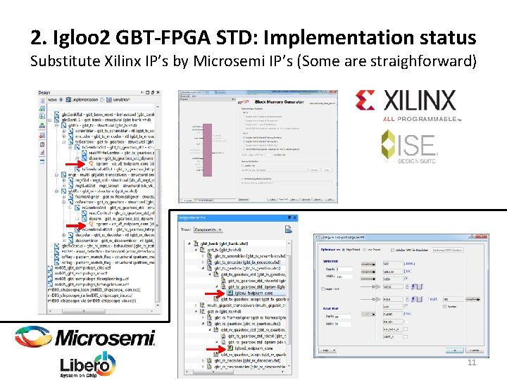 2. Igloo 2 GBT-FPGA STD: Implementation status Substitute Xilinx IP’s by Microsemi IP’s (Some