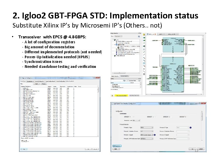 2. Igloo 2 GBT-FPGA STD: Implementation status Substitute Xilinx IP’s by Microsemi IP’s (Others.