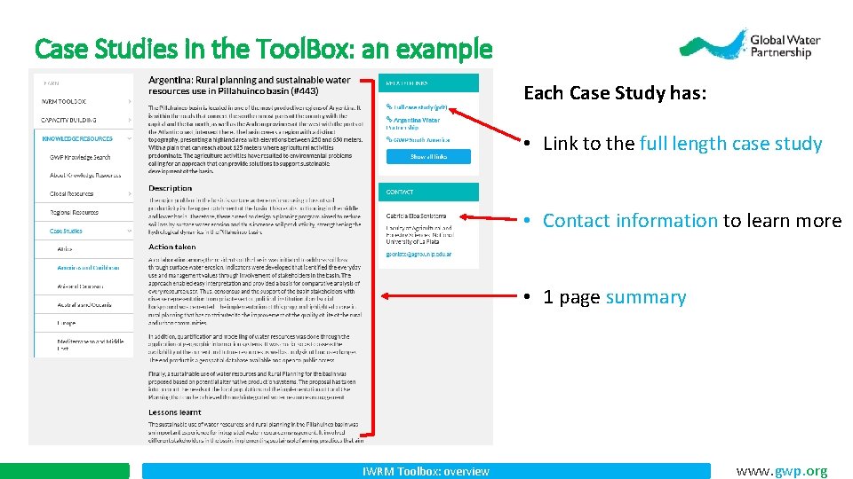 Case Studies in the Tool. Box: an example Each Case Study has: • Link