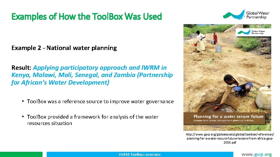 Examples of How the Tool. Box Was Used Example 2 - National water planning