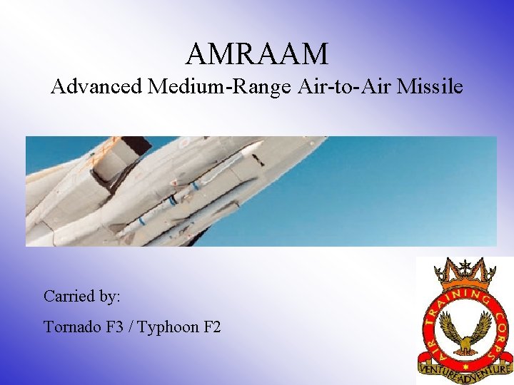 AMRAAM Advanced Medium-Range Air-to-Air Missile Carried by: Tornado F 3 / Typhoon F 2 AMRAAM Advanced Medium-Range Air-to-Air Missile Carried by: Tornado F 3 / Typhoon F 2
