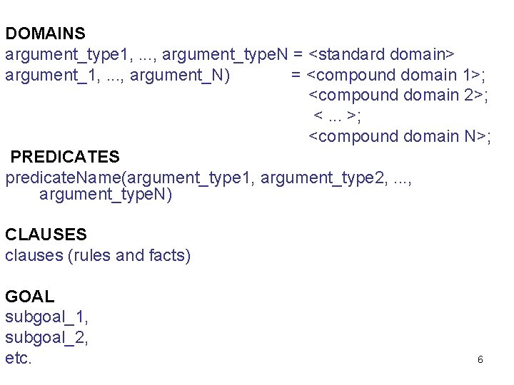 DOMAINS argument_type 1, . . . , argument_type. N = <standard domain> argument_1, .