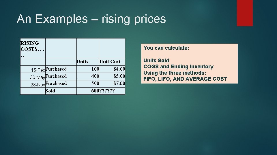 An Examples – rising prices RISING COSTS. . . 15 -Feb. Purchased 30 -May.