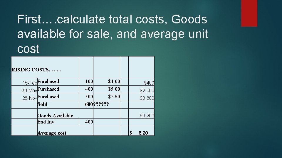 First…. calculate total costs, Goods available for sale, and average unit cost RISING COSTS.