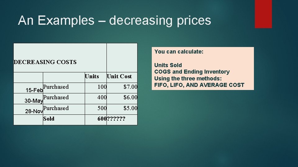 An Examples – decreasing prices You can calculate: DECREASING COSTS 15 -Feb 30 -May