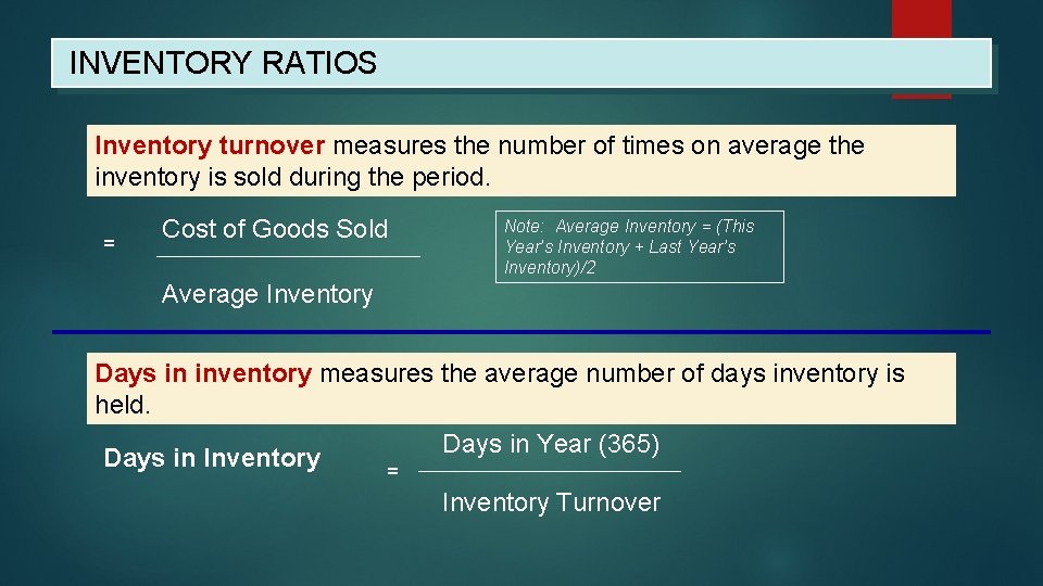 INVENTORY RATIOS Inventory turnover measures the number of times on average the inventory is