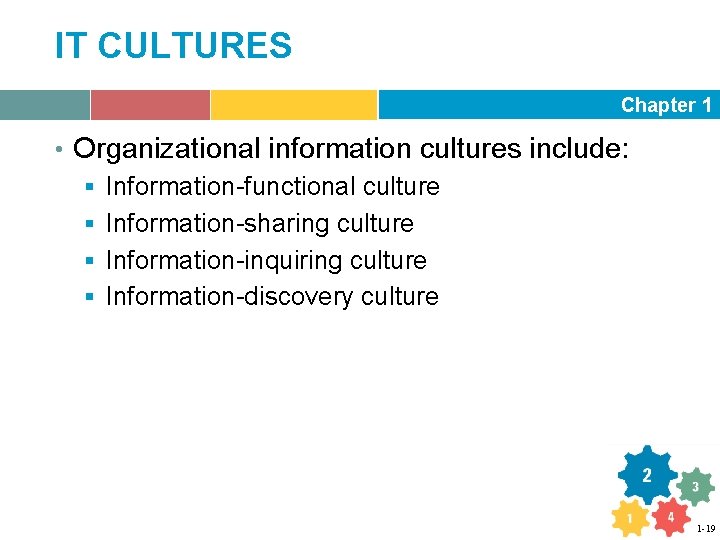 IT CULTURES Chapter 1 • Organizational information cultures include: § Information-functional culture § Information-sharing