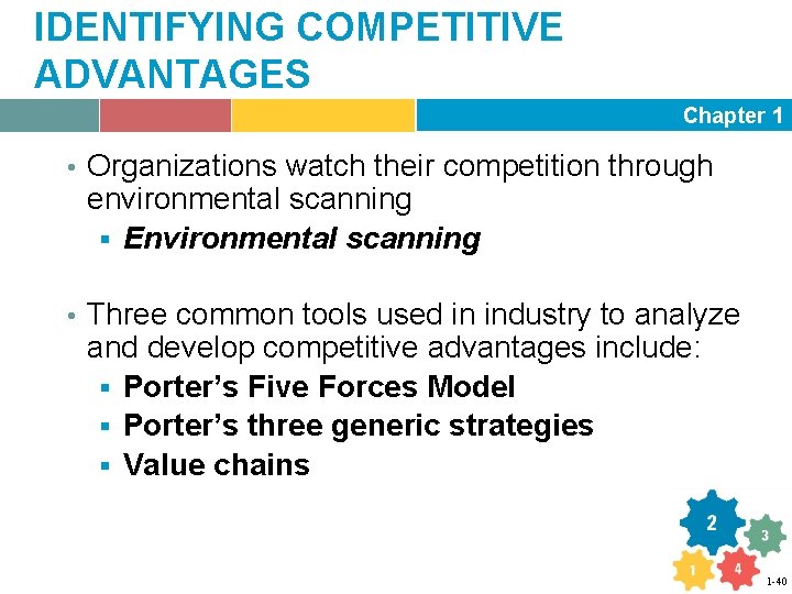 IDENTIFYING COMPETITIVE ADVANTAGES Chapter 1 • Organizations watch their competition through environmental scanning §