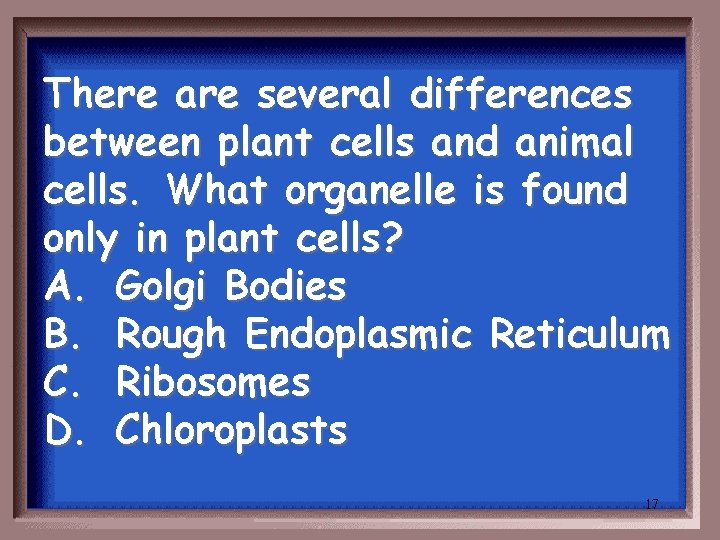 There are several differences between plant cells and animal cells. What organelle is found